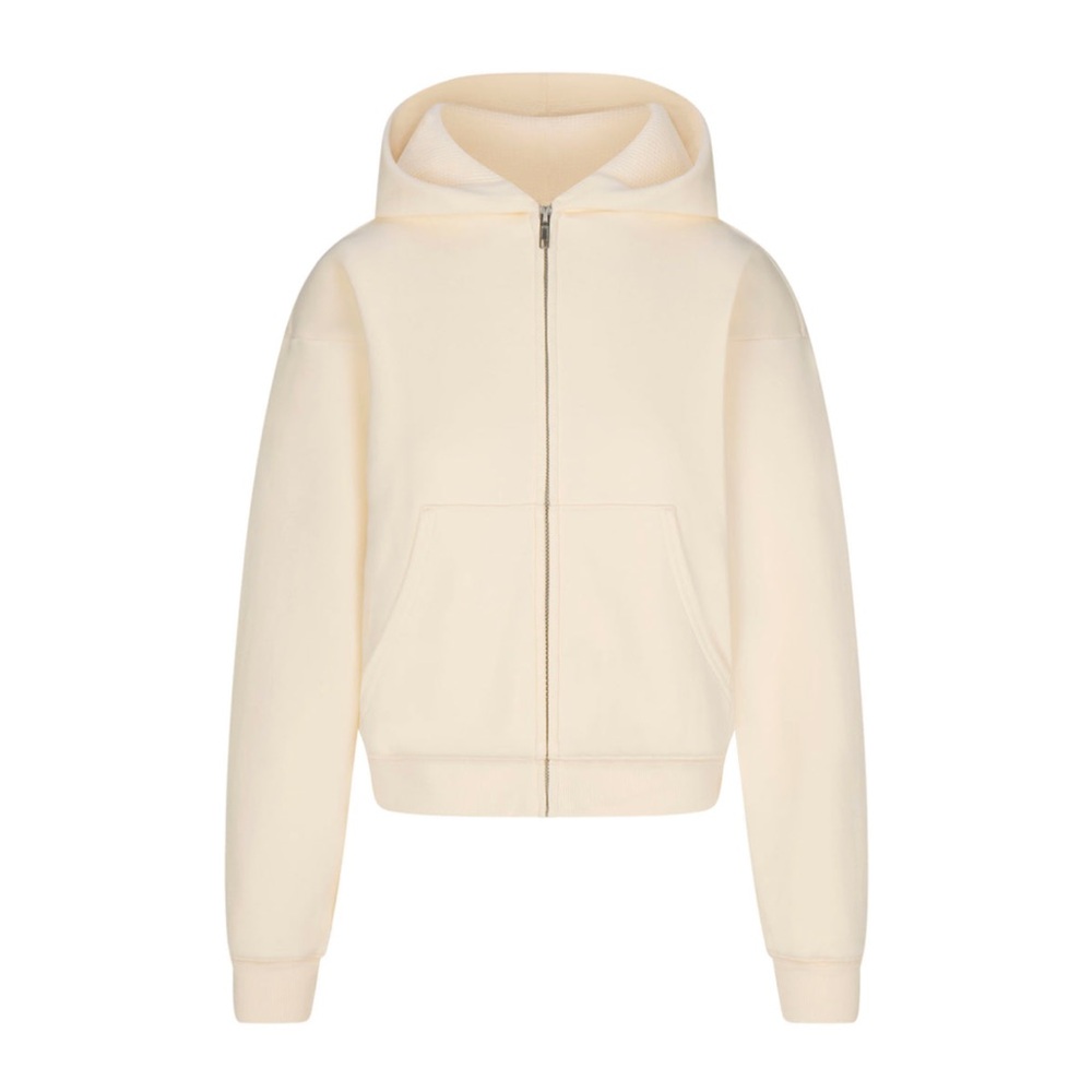NWT SKIMS Cotton fleece Waffle-lined Shrunken Zip up Hoodie, Ecru, S